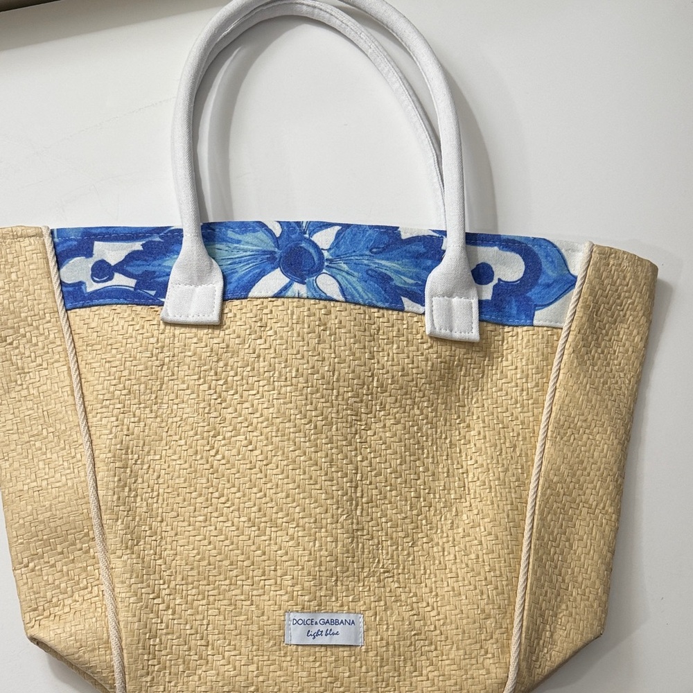 Dolce & Gabbana Beige Straw Tote with Blue Floral Trim and White Handles